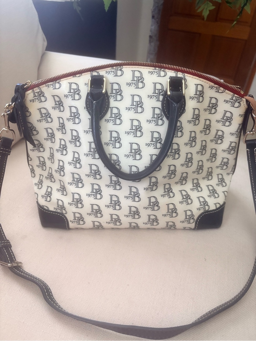 Dooney & Bourke Cream and Black Monogram Dome Satchel